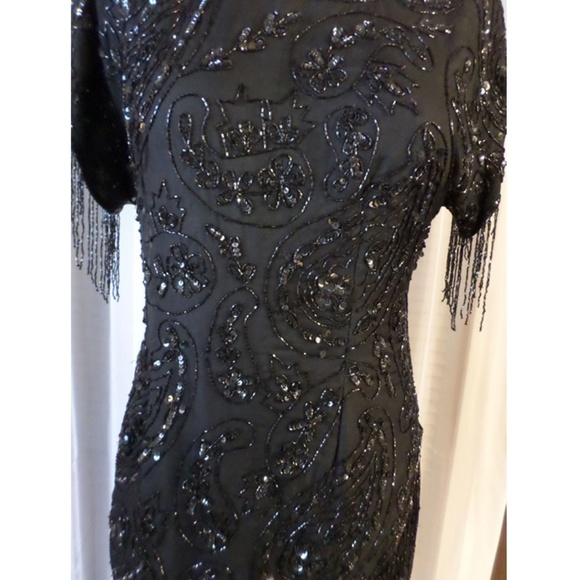 Vintage Laurence Kazar Silk Dress Black Fringe M - Picture 6 of 8